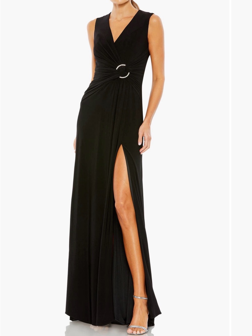 Mac Duggal Black Evening Gown. Surplice V Neck, Side Knot, Slit.